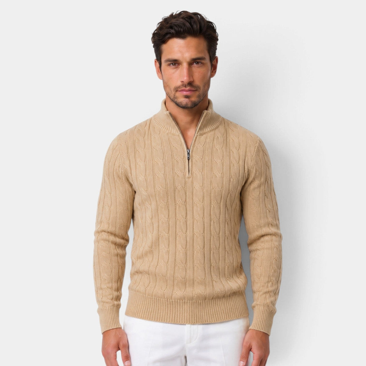 Rubén | Jersey de Ochos con Media Cremallera y Cuello Alto para Hombre - Beige