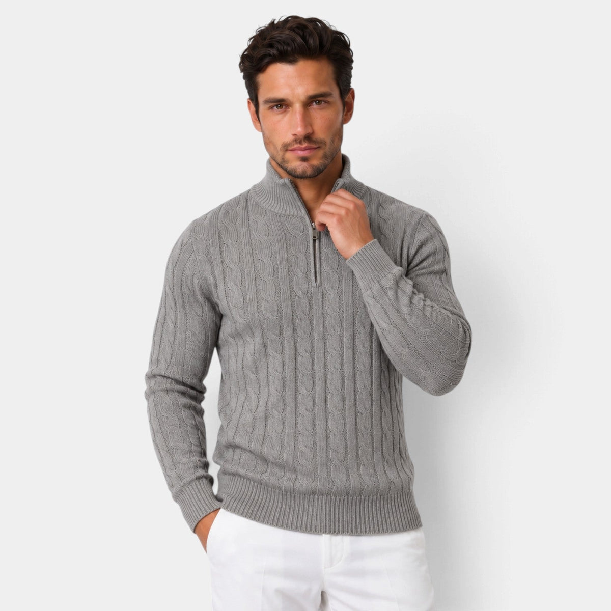 Rubén | Jersey de Ochos con Media Cremallera y Cuello Alto para Hombre - Gris