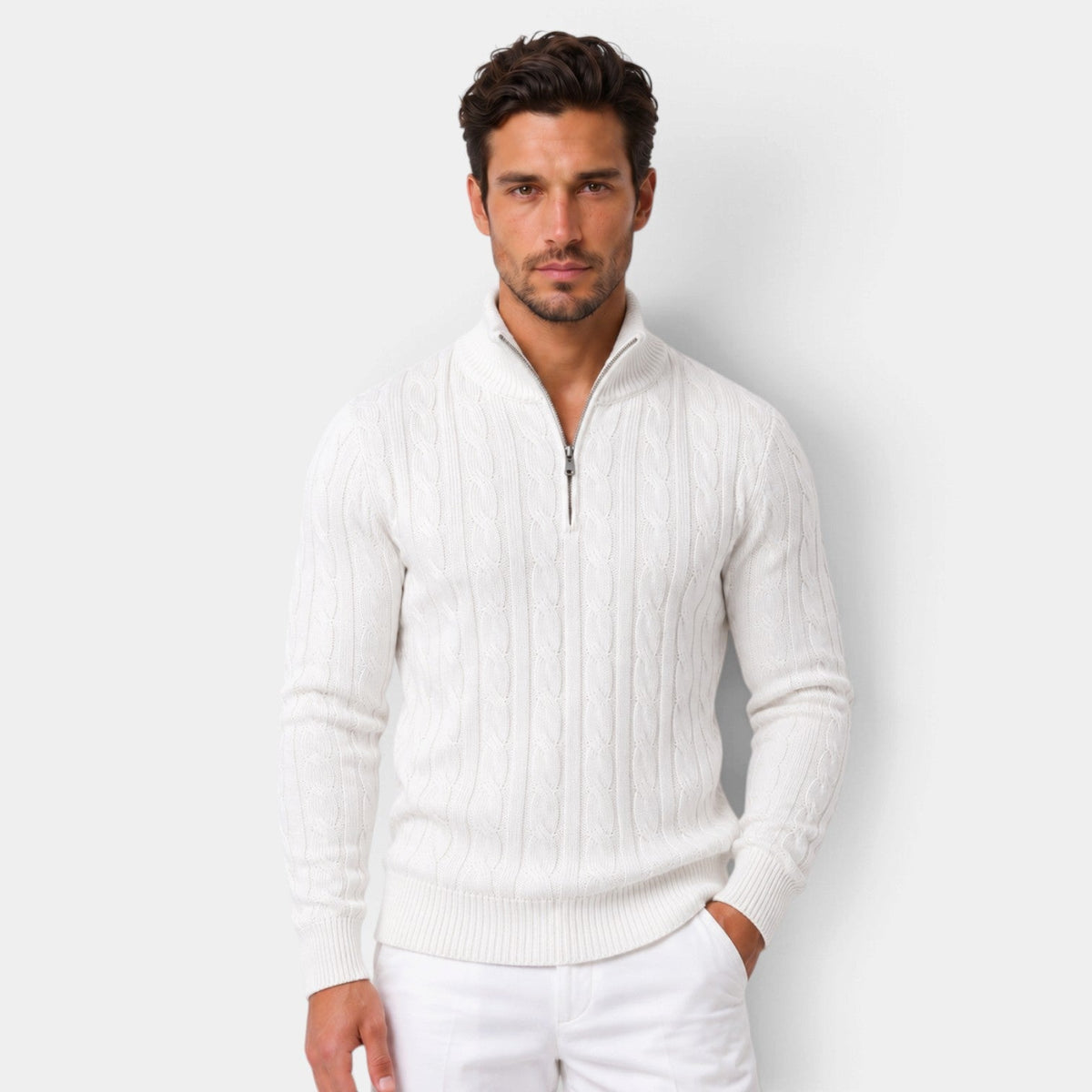 Rubén | Jersey de Ochos con Media Cremallera y Cuello Alto para Hombre - Blanco