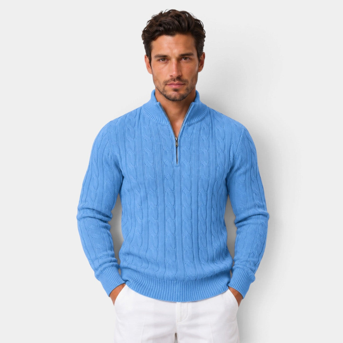 Rubén | Jersey de Ochos con Media Cremallera y Cuello Alto para Hombre - Azul Claro