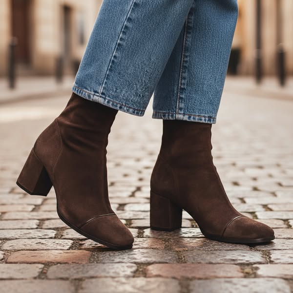 Sabela | Botines Calcetín Efecto Ante con Tacón Ancho - vista 6