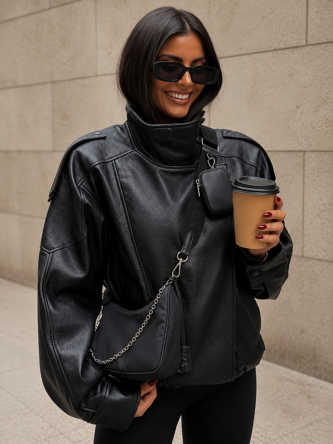 Selma | Cazadora Oversize Efecto Piel con Cuello Alto