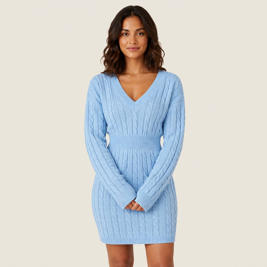 Severina | Vestido Jersey Corto de Punto de Ochos con Escote en Pico - Azul claro