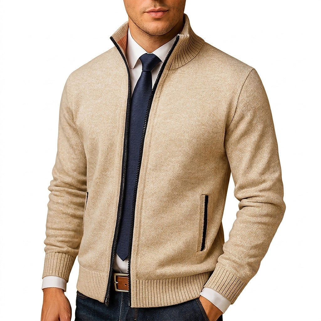 Simón | Chaqueta de Punto con Cremallera y Cuello Alto para Hombre - Beige