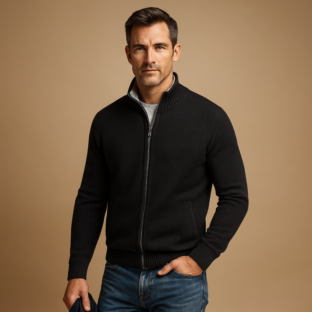Simón | Chaqueta de Punto con Cremallera y Cuello Alto para Hombre - Negro