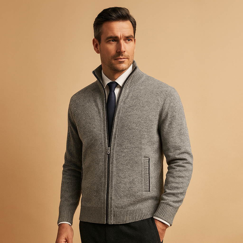 Simón | Chaqueta de Punto con Cremallera y Cuello Alto para Hombre - Gris claro