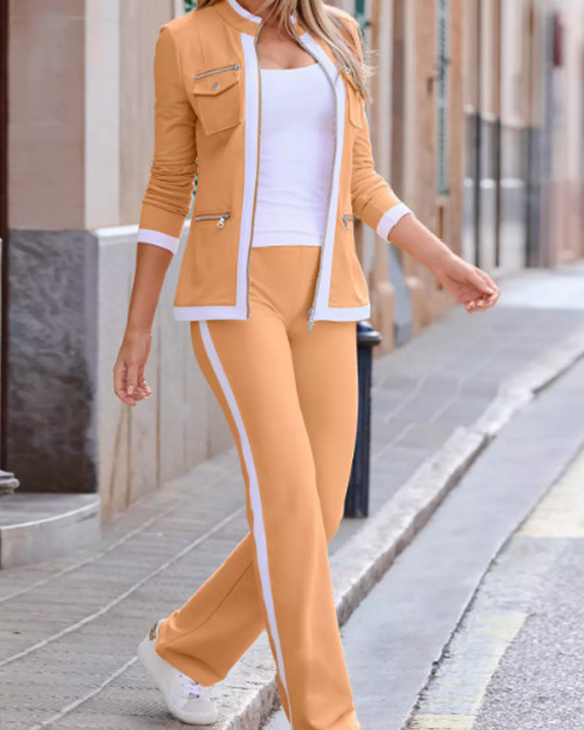 Conjunto mujer chaqueta y pantalón con ribetes en contraste