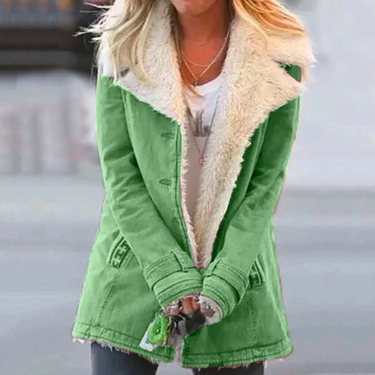 Telma | Chaqueta de Invierno Forrada de Borreguito con Cuello Solapa - Verde manzana