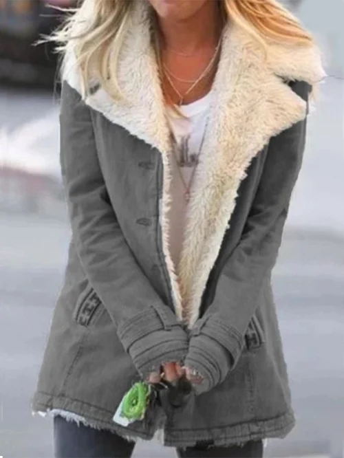 Telma | Chaqueta de Invierno Forrada de Borreguito con Cuello Solapa - Gris