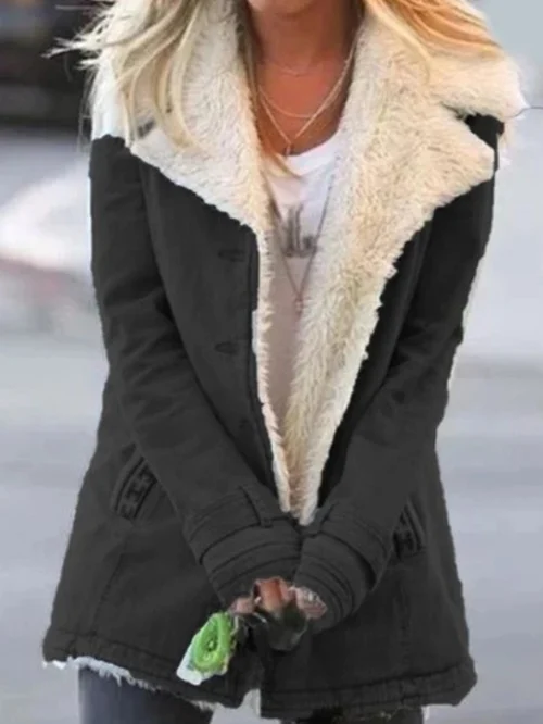 Telma | Chaqueta de Invierno Forrada de Borreguito con Cuello Solapa - Negro