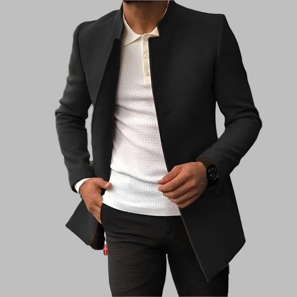Telmo | Abrigo Tacto Lana con Cuello Mao para Hombre - Negro