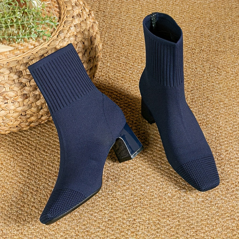 Tomasa | Botines Calcetín de Punto con Tacón Ancho y Puntera Cuadrada - Azul marino