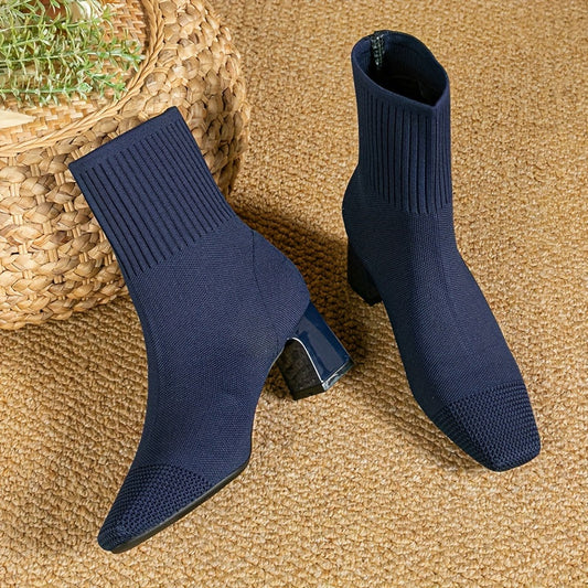Tomasa | Botines Calcetín de Punto con Tacón Ancho y Puntera Cuadrada - Azul marino