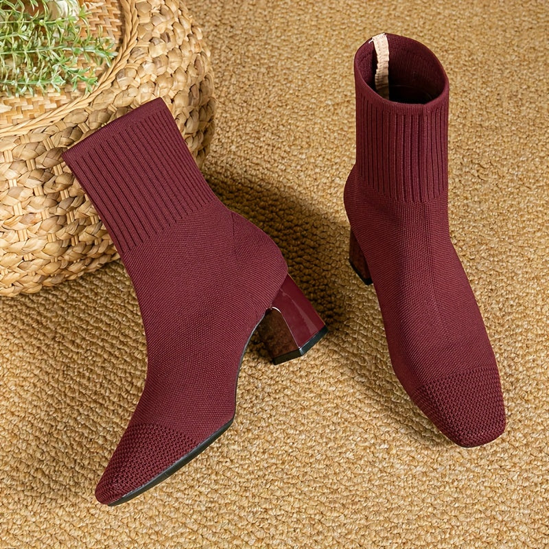 Tomasa | Botines Calcetín de Punto con Tacón Ancho y Puntera Cuadrada - Burdeos