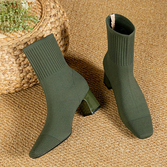 Tomasa | Botines Calcetín de Punto con Tacón Ancho y Puntera Cuadrada - Verde