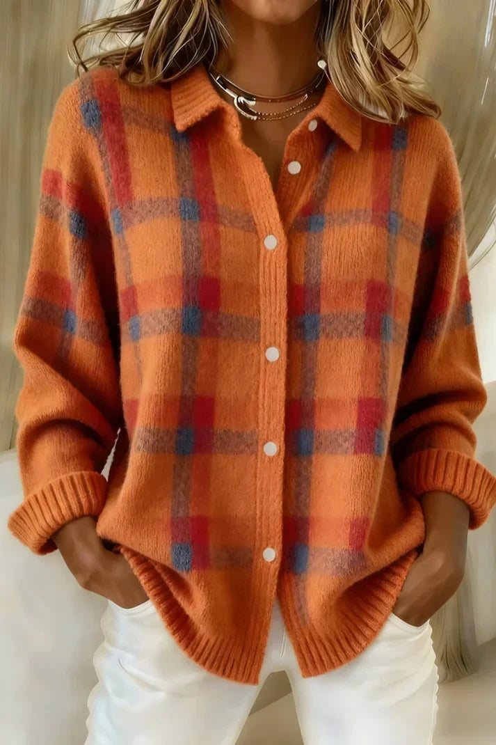 Chaqueta punto cuadros mujer abotonada relajada