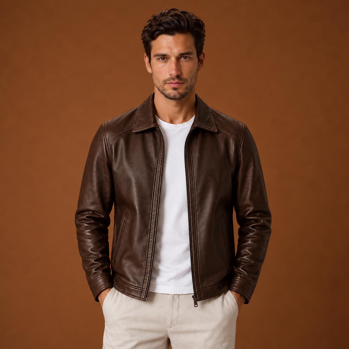 Urbano | Chaqueta Efecto Piel con Cremallera y Cuello Camisero para Hombre - Marrón