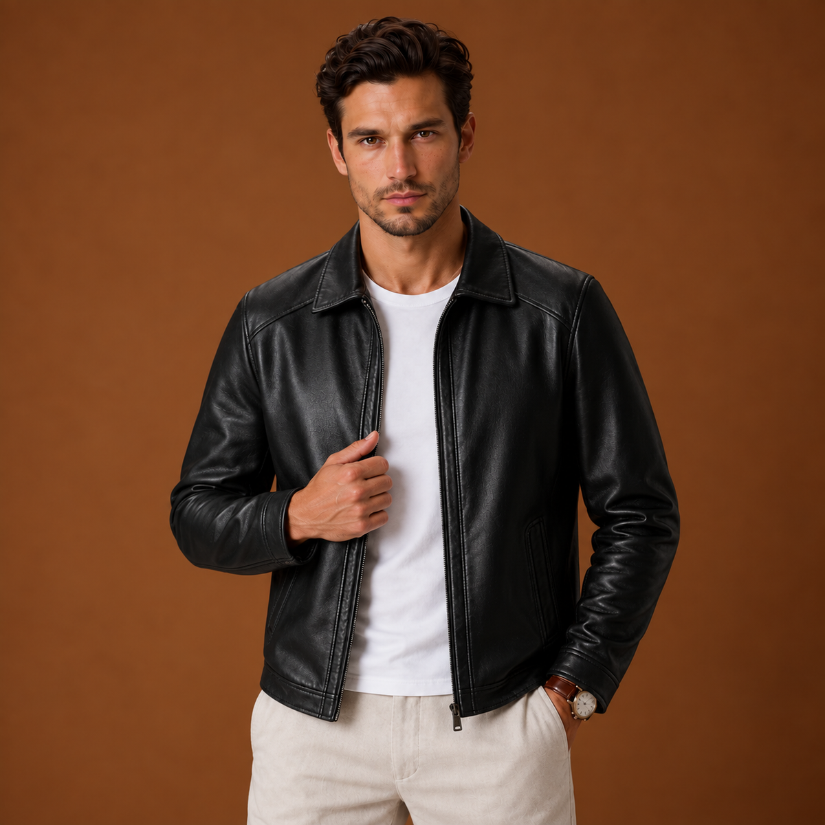 Urbano | Chaqueta Efecto Piel con Cremallera y Cuello Camisero para Hombre - Negro
