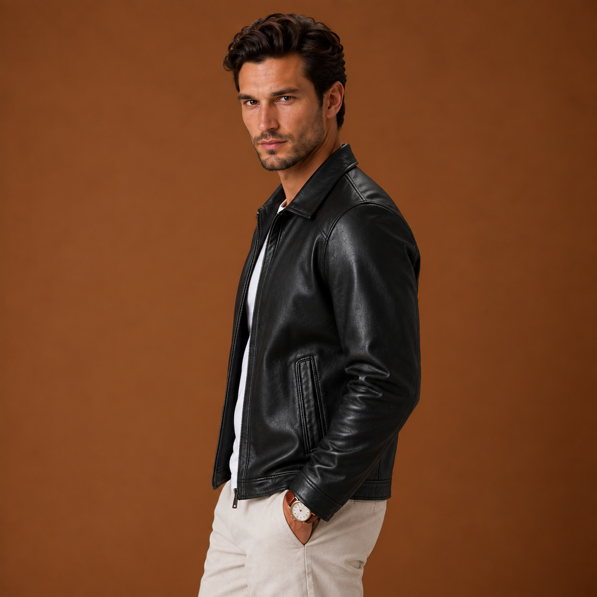 Urbano | Chaqueta Efecto Piel con Cremallera y Cuello Camisero para Hombre