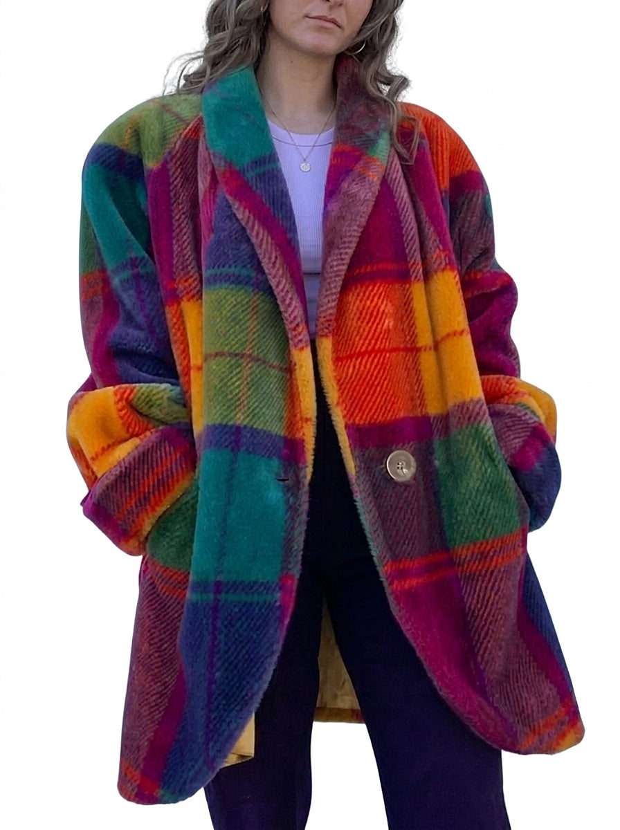 Abrigo Largo Oversize de Cuadros Multicolor con Solapa Ancha - Cuadros multicolor