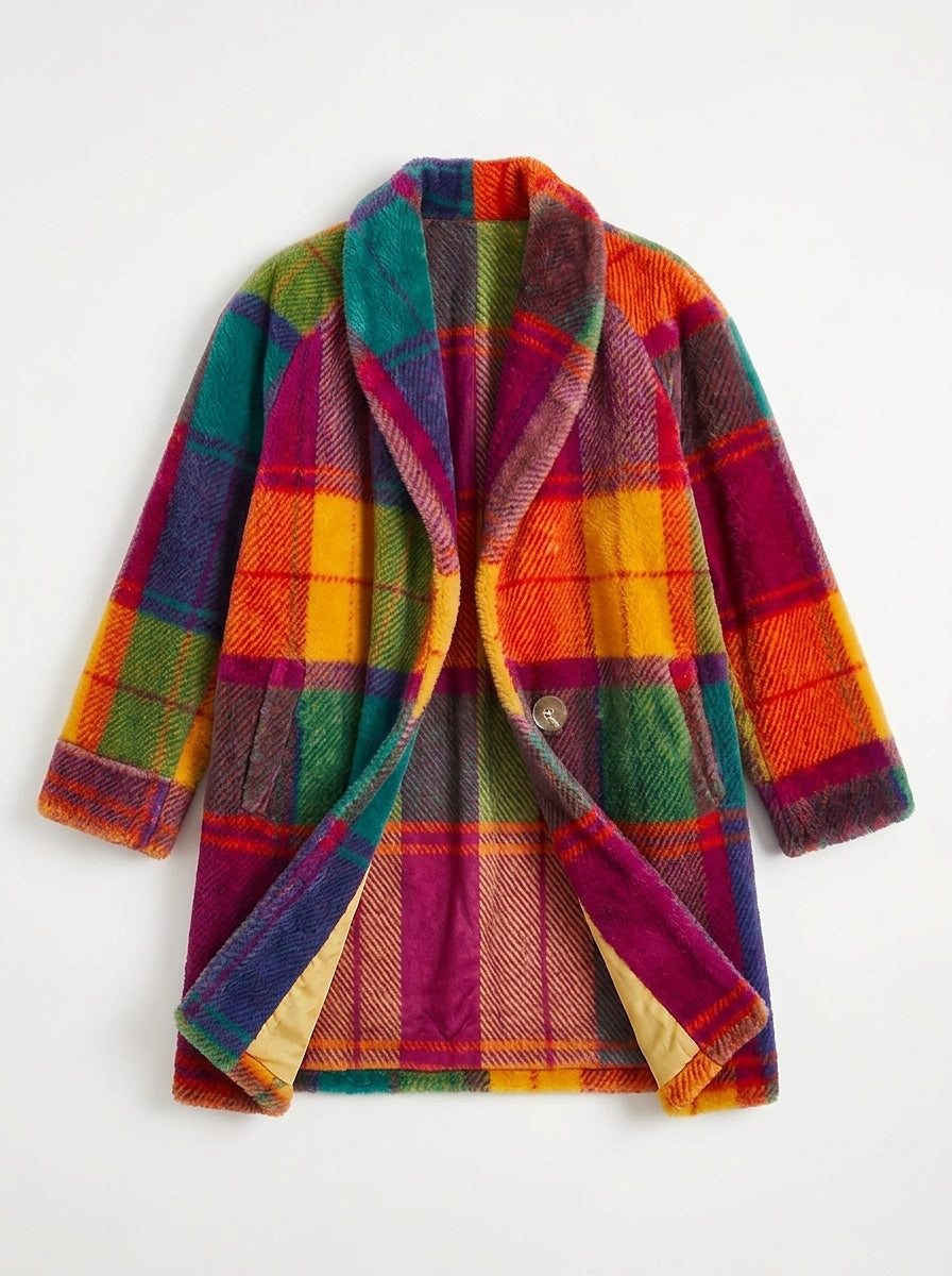 Abrigo Largo Oversize de Cuadros Multicolor con Solapa Ancha