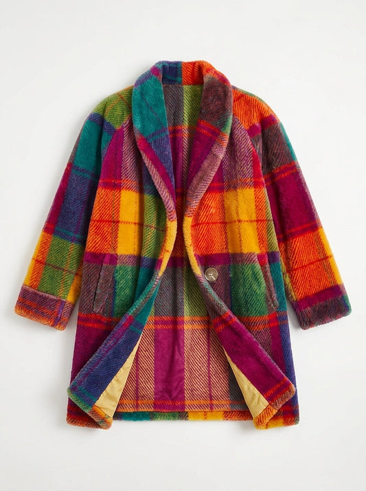 Abrigo Largo Oversize de Cuadros Multicolor con Solapa Ancha