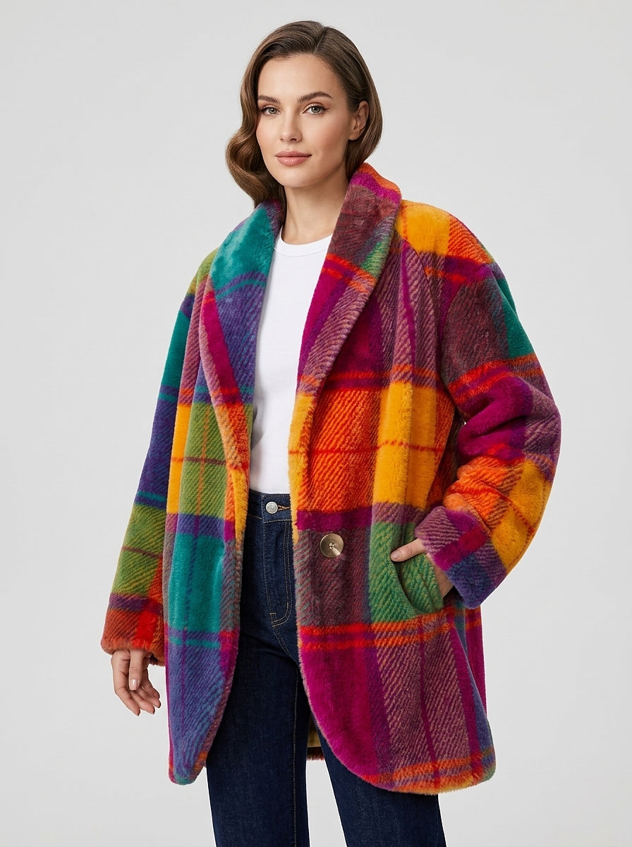 Abrigo Largo Oversize de Cuadros Multicolor con Solapa Ancha