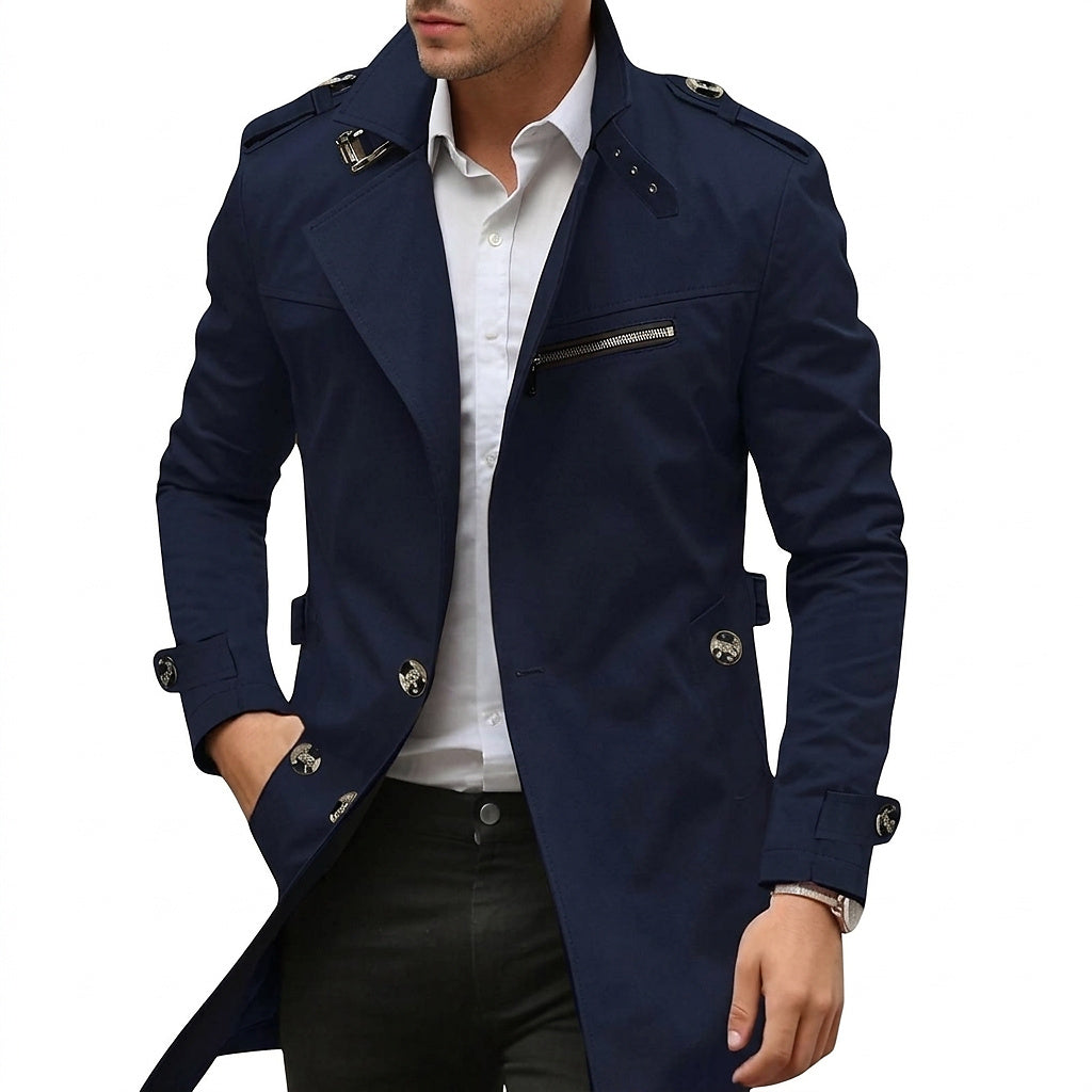 Valentín | Abrigo de Entretiempo para Hombre con Cuello Alzado y Charreteras - Azul marino