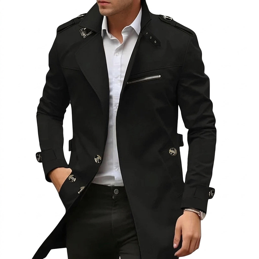 Valentín | Abrigo de Entretiempo para Hombre con Cuello Alzado y Charreteras - Negro
