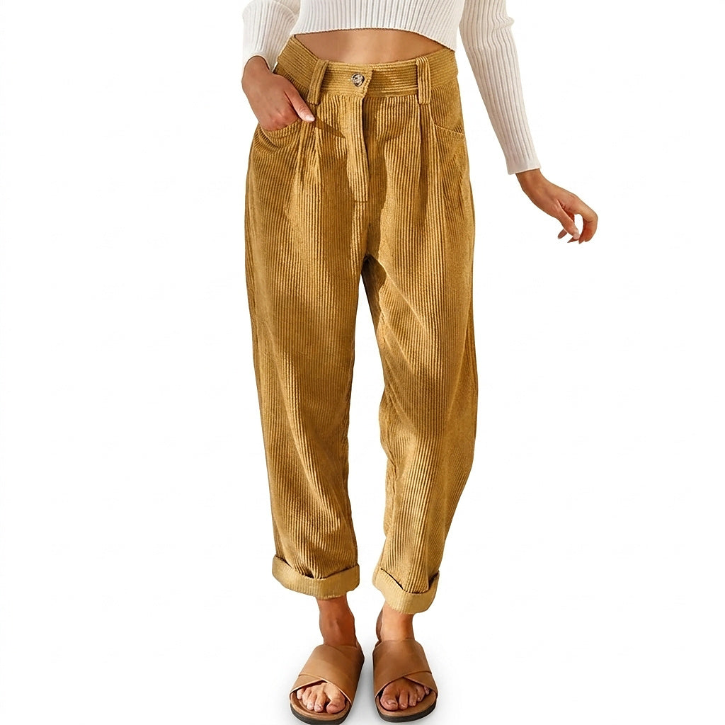 Valvanera | Pantalón de Pana de Talle Alto con Pinzas y Pierna Cónica - Mostaza