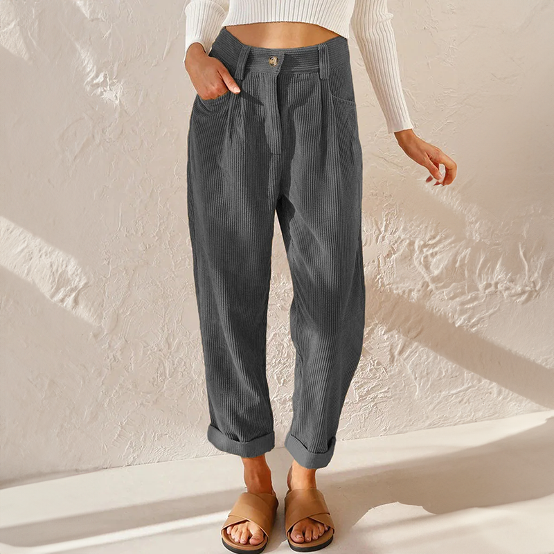 Valvanera | Pantalón de Pana de Talle Alto con Pinzas y Pierna Cónica - Gris