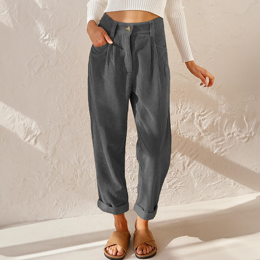 Valvanera | Pantalón de Pana de Talle Alto con Pinzas y Pierna Cónica - Gris
