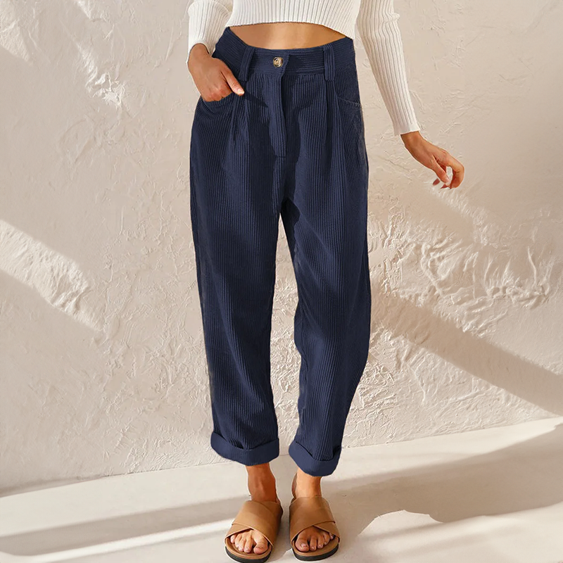 Valvanera | Pantalón de Pana de Talle Alto con Pinzas y Pierna Cónica - Azul marino