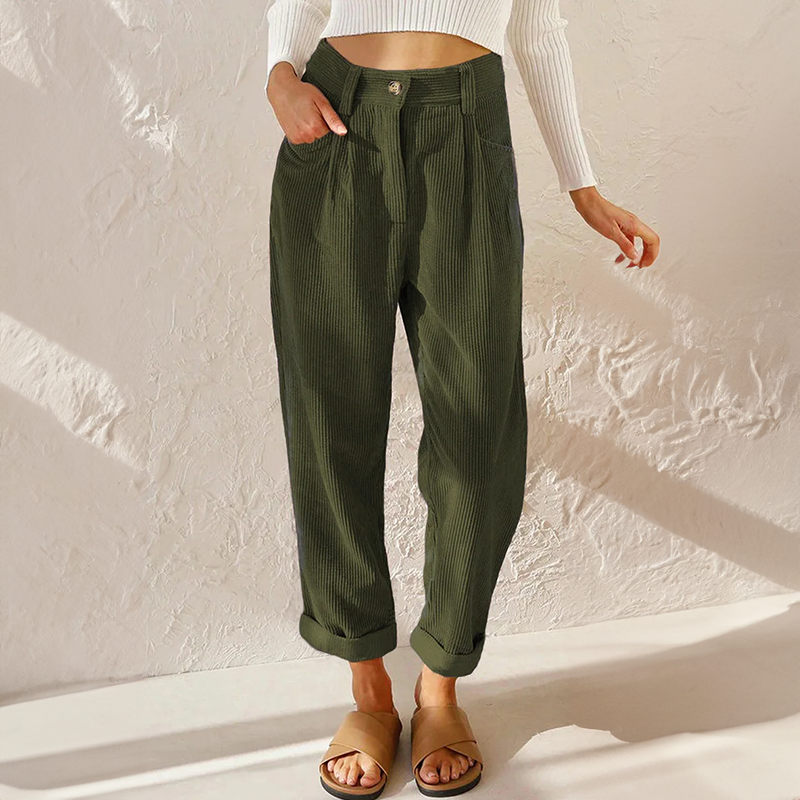Valvanera | Pantalón de Pana de Talle Alto con Pinzas y Pierna Cónica - Verde