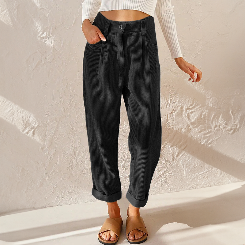 Valvanera | Pantalón de Pana de Talle Alto con Pinzas y Pierna Cónica - Negro