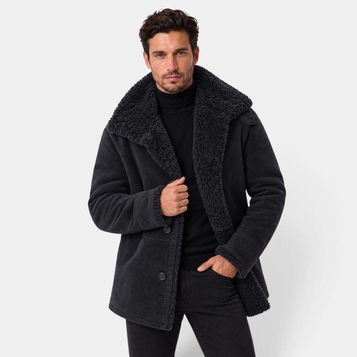Venancio | Chaquetón Efecto Ante con Forro de Borreguito para Hombre - Negro