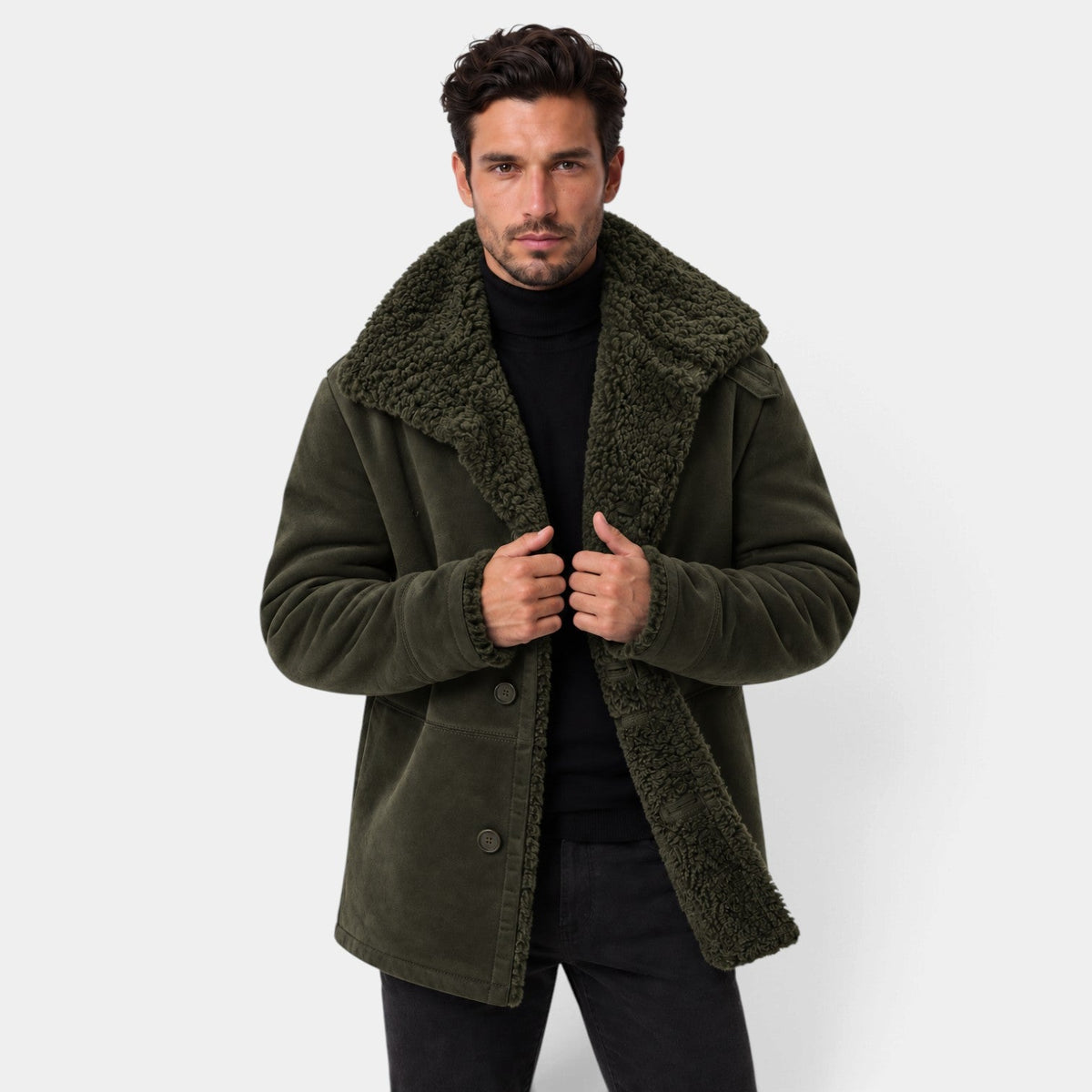 Venancio | Chaquetón Efecto Ante con Forro de Borreguito para Hombre - Verde militar