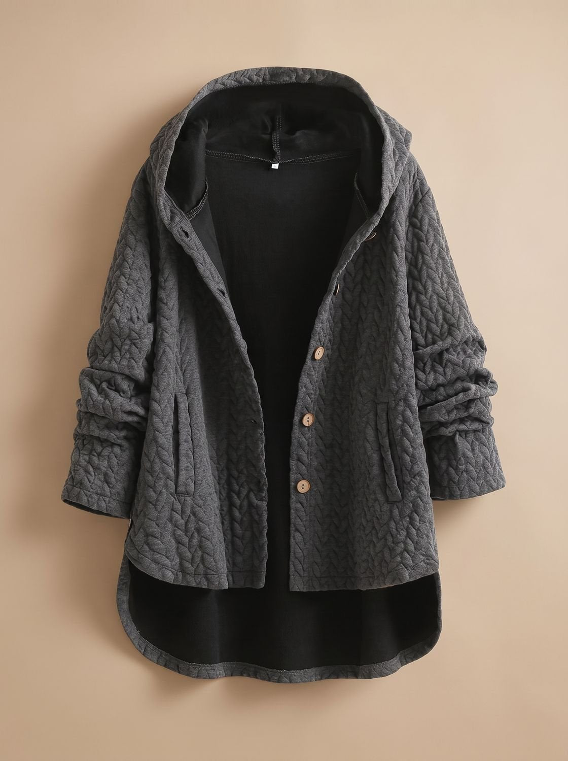 Abrigo Acolchado con Capucha, Botones y Bajo Asimétrico - Gris