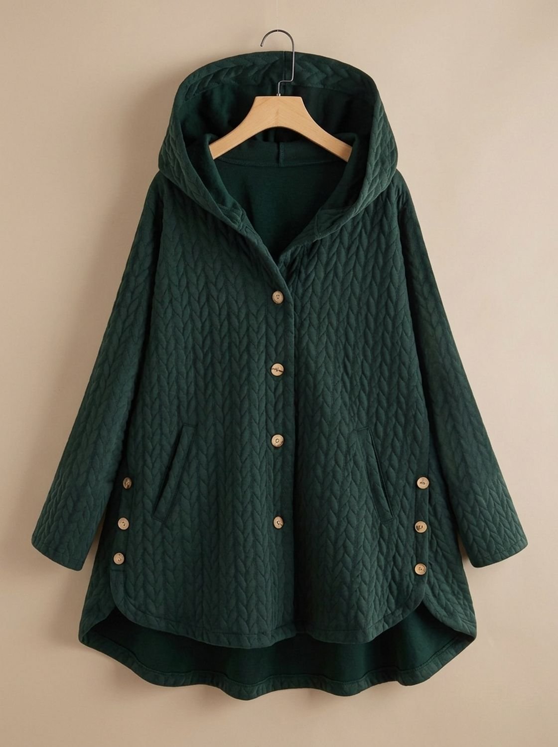 Abrigo Acolchado con Capucha, Botones y Bajo Asimétrico - Verde