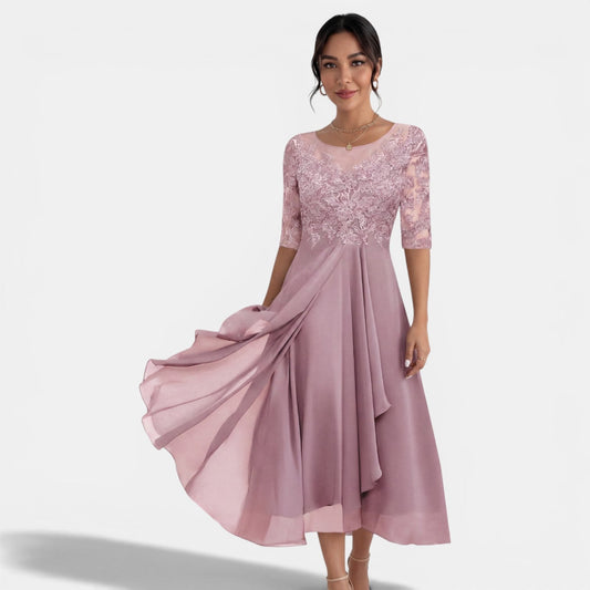 Visitación | Vestido Midi de Fiesta con Cuerpo de Encaje y Falda de Gasa - Rosa palo