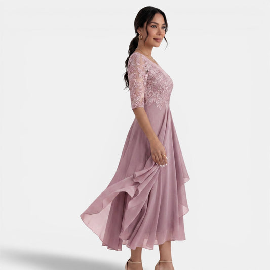 Visitación | Vestido Midi de Fiesta con Cuerpo de Encaje y Falda de Gasa - vista 2