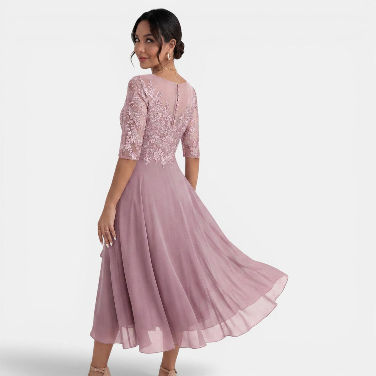 Visitación | Vestido Midi de Fiesta con Cuerpo de Encaje y Falda de Gasa - vista 3
