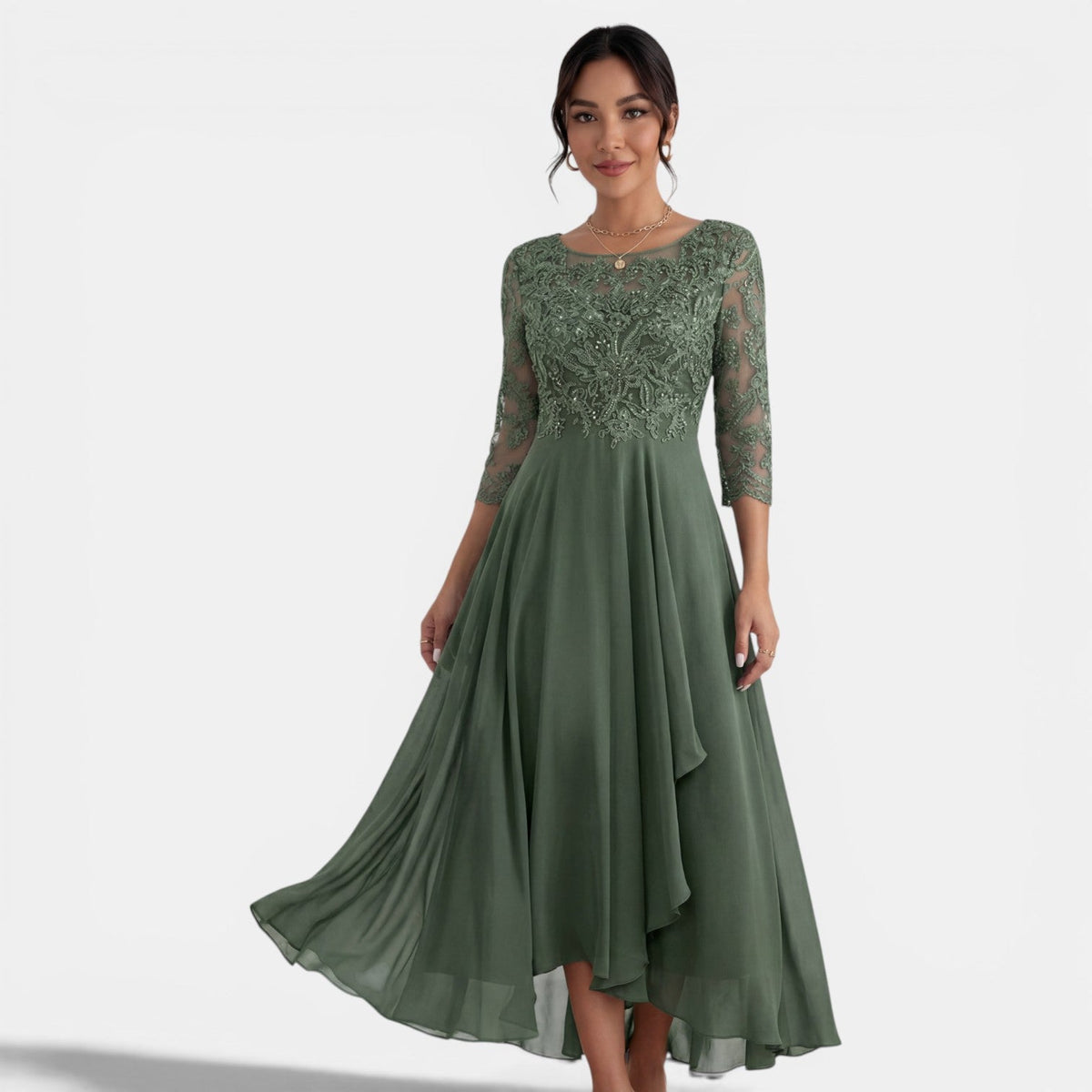 Visitación | Vestido Midi de Fiesta con Cuerpo de Encaje y Falda de Gasa - Verde