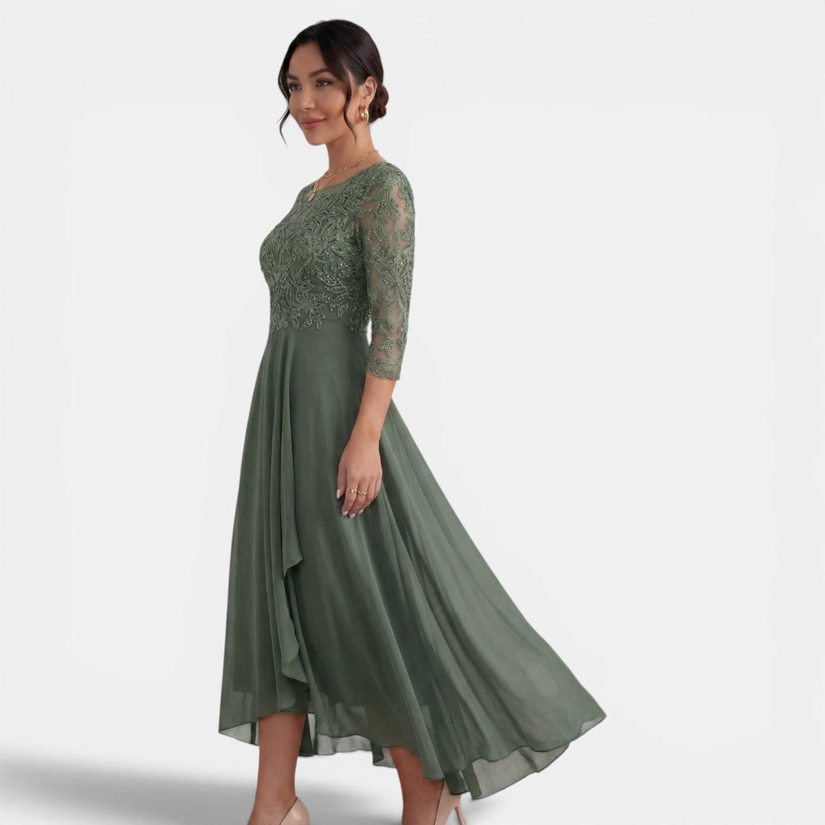 Visitación | Vestido Midi de Fiesta con Cuerpo de Encaje y Falda de Gasa - vista 5