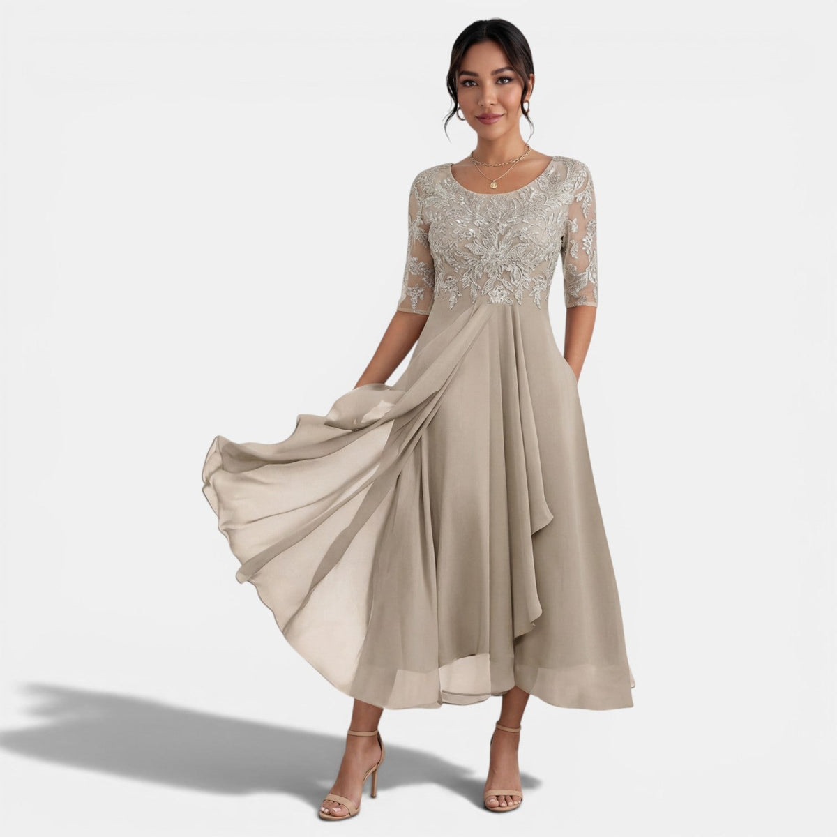 Visitación | Vestido Midi de Fiesta con Cuerpo de Encaje y Falda de Gasa - Caqui