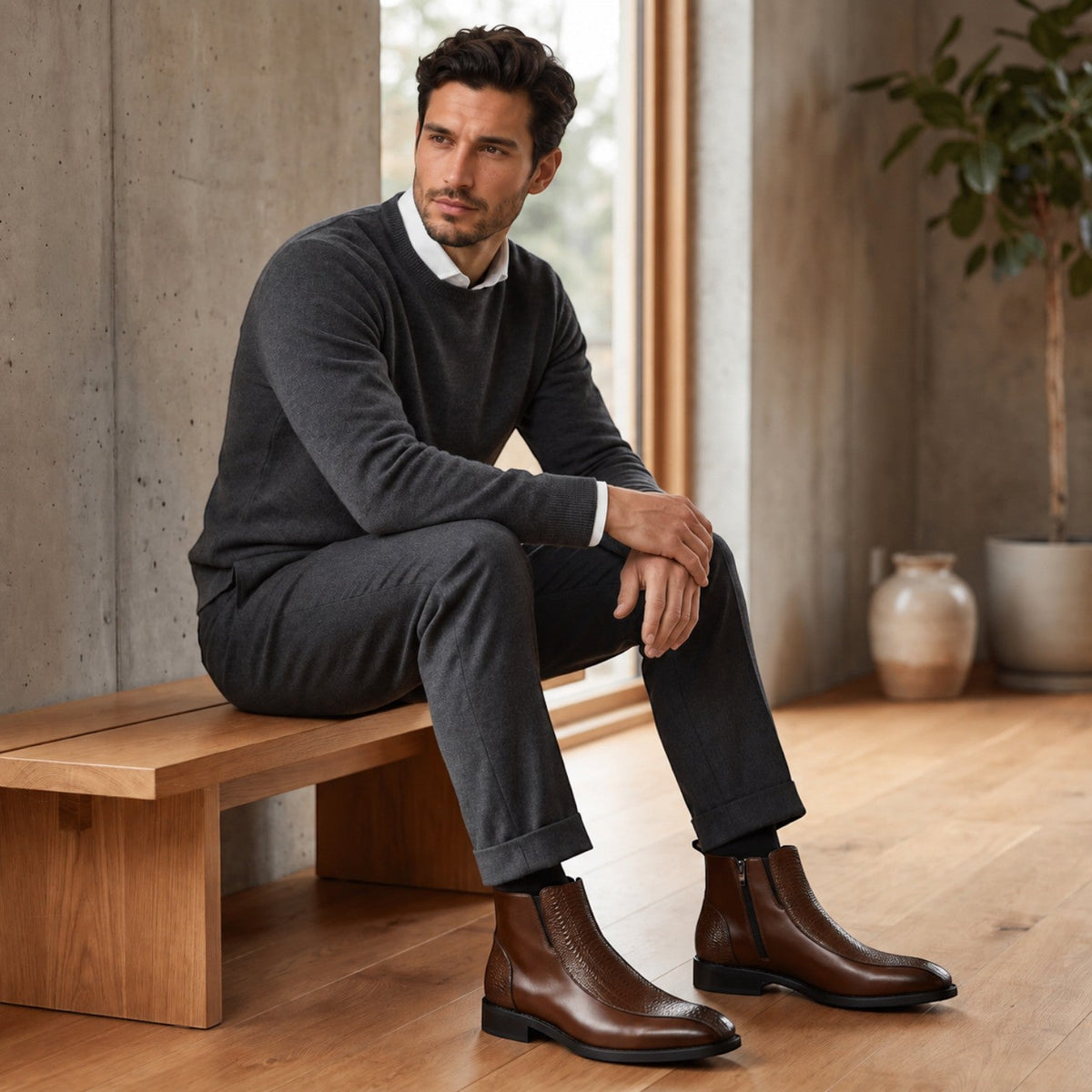 Wenceslao | Botines de Hombre Efecto Piel con Panel Trenzado y Cremallera