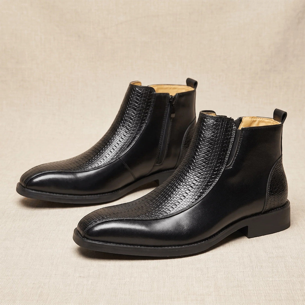 Wenceslao | Botines de Hombre Efecto Piel con Panel Trenzado y Cremallera - Negro