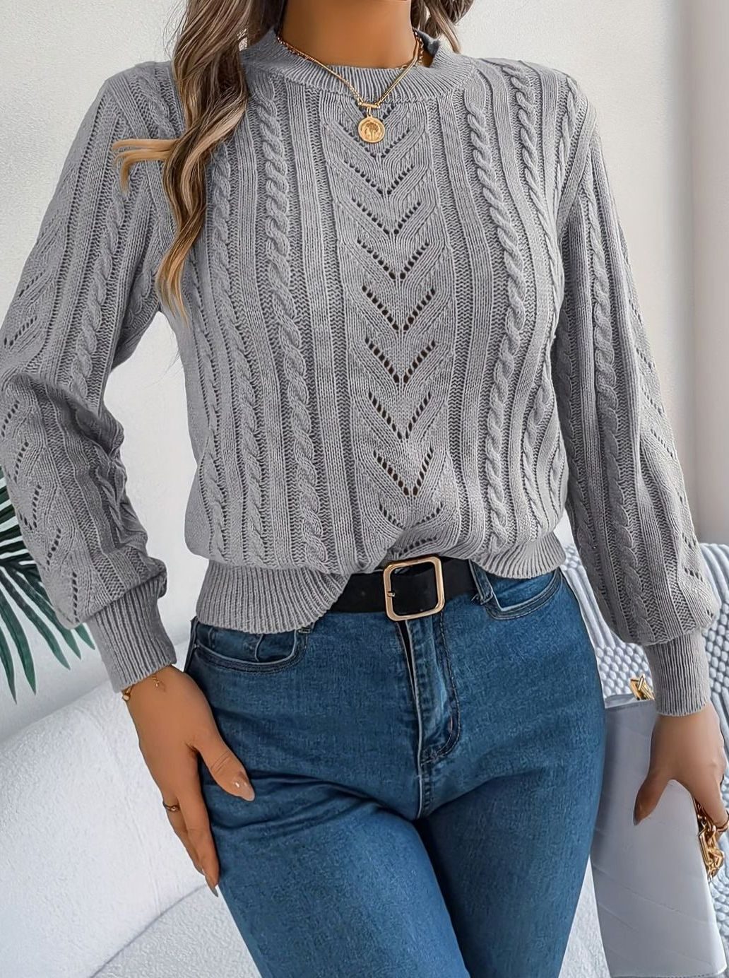 Jersey de ochos mujer cuello redondo punto calado