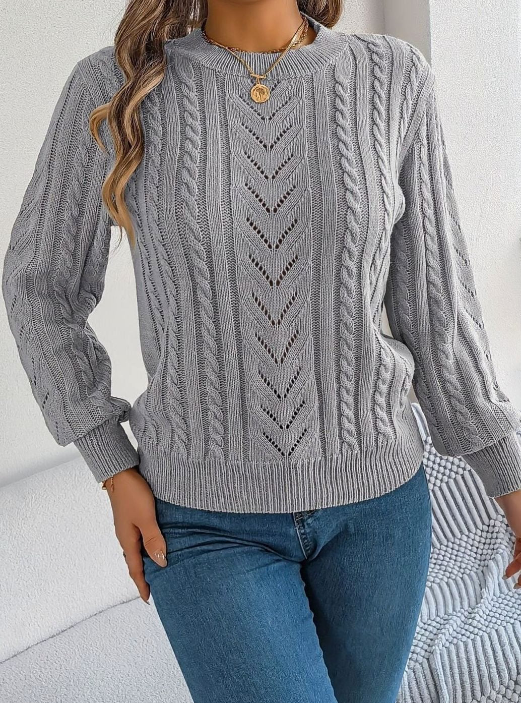 Jersey de ochos mujer cuello redondo punto calado