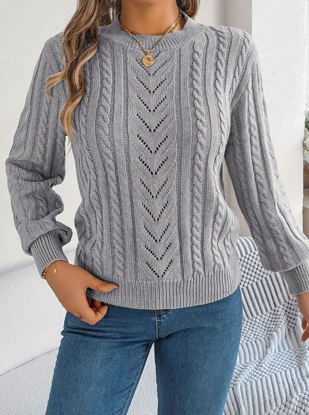 Jersey de ochos mujer cuello redondo punto calado
